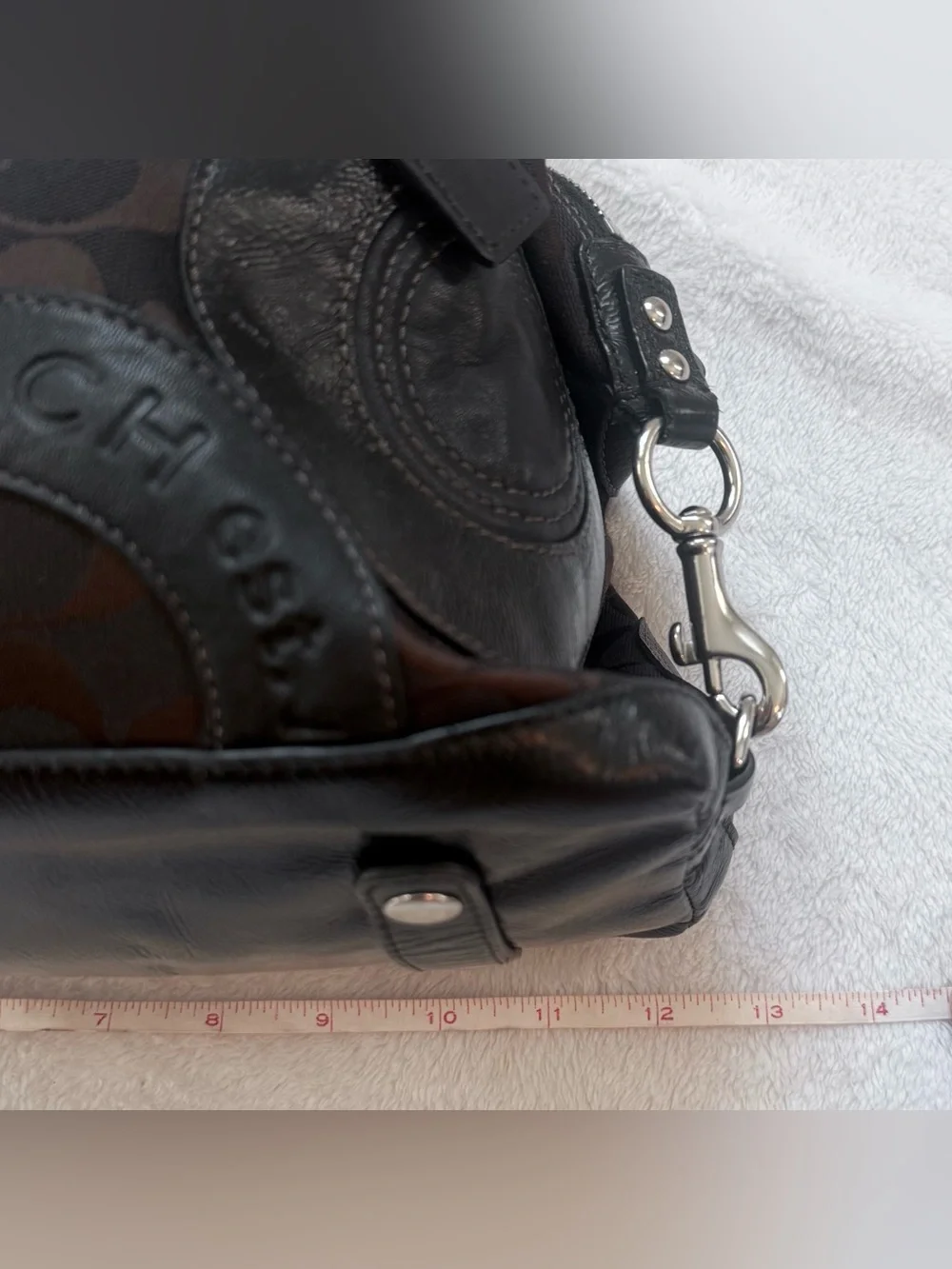 Coach 2010 Chocolate Brown Patchwork Mini Suede Patent Leather Duffel Purse EUC